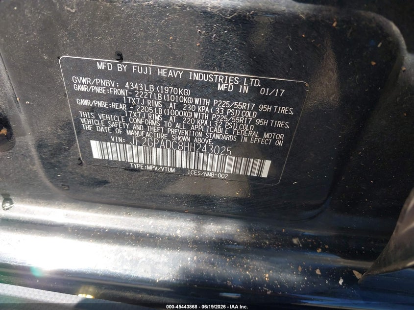 2017 Subaru Crosstrek VIN JF2GPADC8HH243025 IAAI salvage auction — NORMAL WEAR, Clear - Dealer Only (California), sold $225 on 2026-07-20 (photo 9)