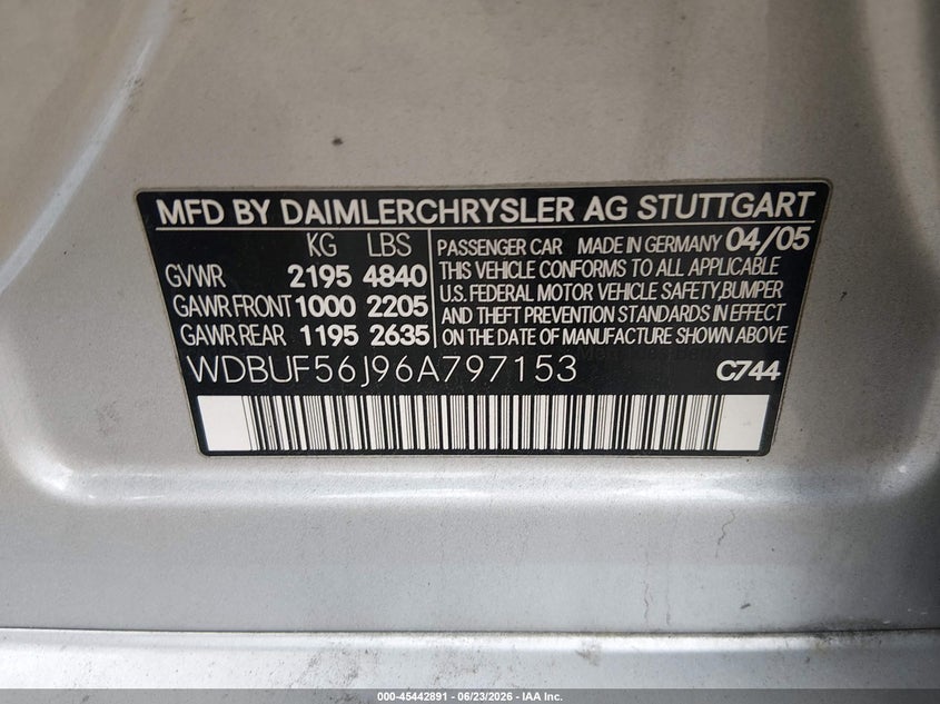 2006 Mercedes-benz E-class VIN WDBUF56J96A797153 IAAI salvage auction — NORMAL WEAR, Clear (Illinois), sold $375 on 2026-07-22 (photo 9)