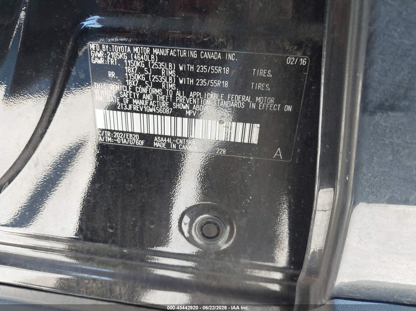 2016 Toyota VIN 2T3JFREV1GW456087 IAAI salvage auction — REAR END, Salvage (California), sold $7,250 on 2026-07-09 (photo 9)