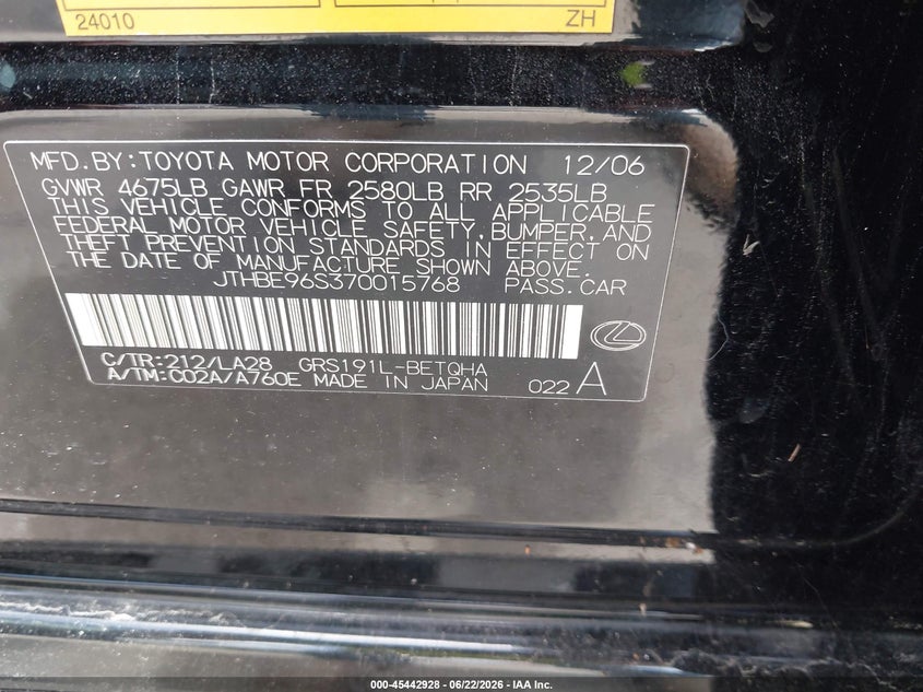2007 Lexus Gs 350 VIN JTHBE96S370015768 IAAI salvage auction — WATER/FLOOD, Salvage (Texas), sold $600 on 2026-08-01 (photo 9)