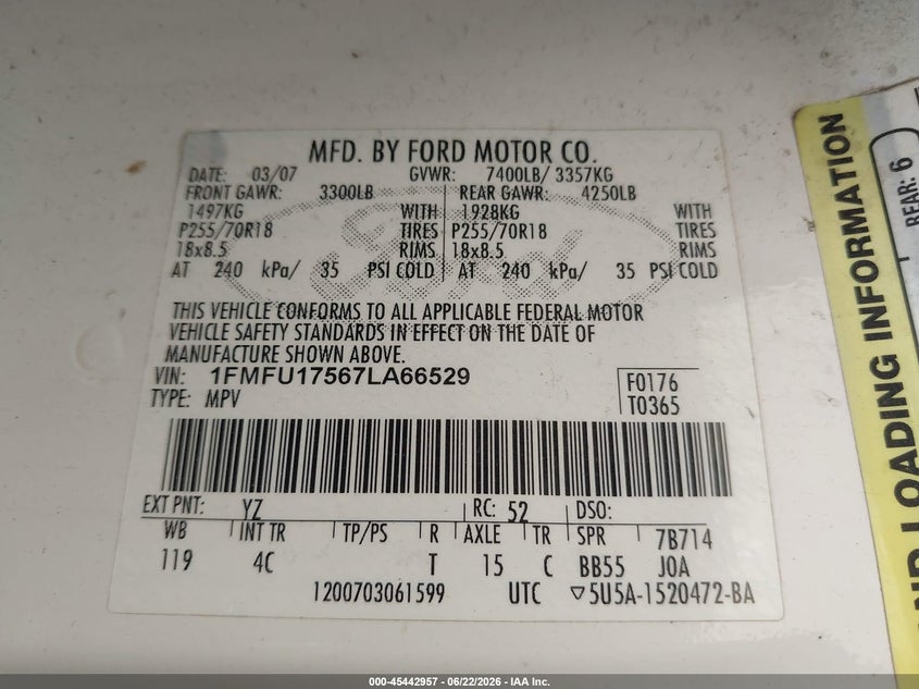 2007 Ford Expedition VIN 1FMFU17567LA66529 IAAI salvage auction — SIDE, Salvage (Texas), sold $575 on 2026-07-09 (photo 9)