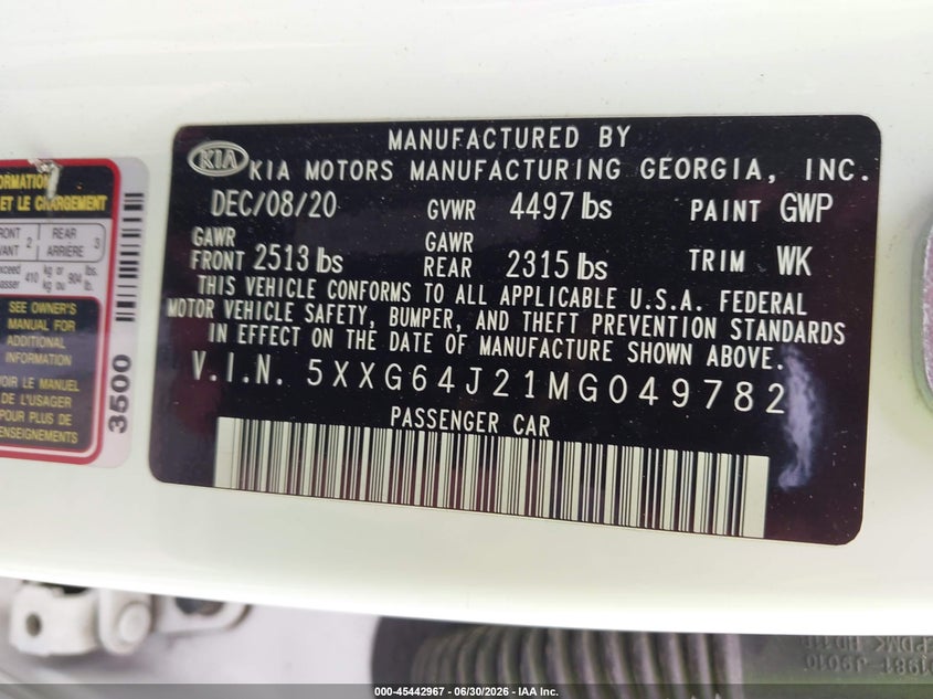 2021 Kia K5 VIN 5XXG64J21MG049782 IAAI salvage auction — SIDE, Salvage Title, sold $3,150 on 2026-07-30 (photo 9)