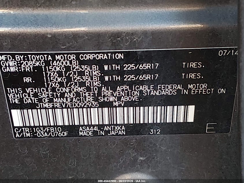 2014 Toyota VIN JTMBFREV7ED092935 IAAI salvage auction — RIGHT FRONT, Salvage Title, sold $2,250 on 2026-07-28 (photo 9)