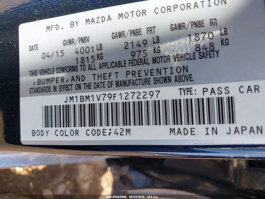 2015 Mazda 3 VIN JM1BM1V79F1272297 IAAI salvage auction — REAR END, Clear (Indiana), sold $2,500 on 2026-07-15 (photo 9)