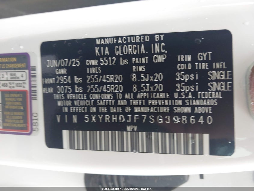 2025 Kia Sorento VIN 5XYRHDJF7SG398640 IAAI salvage auction — REAR END, Salvage (Arkansas), sold $17,200 on 2026-07-29 (photo 9)