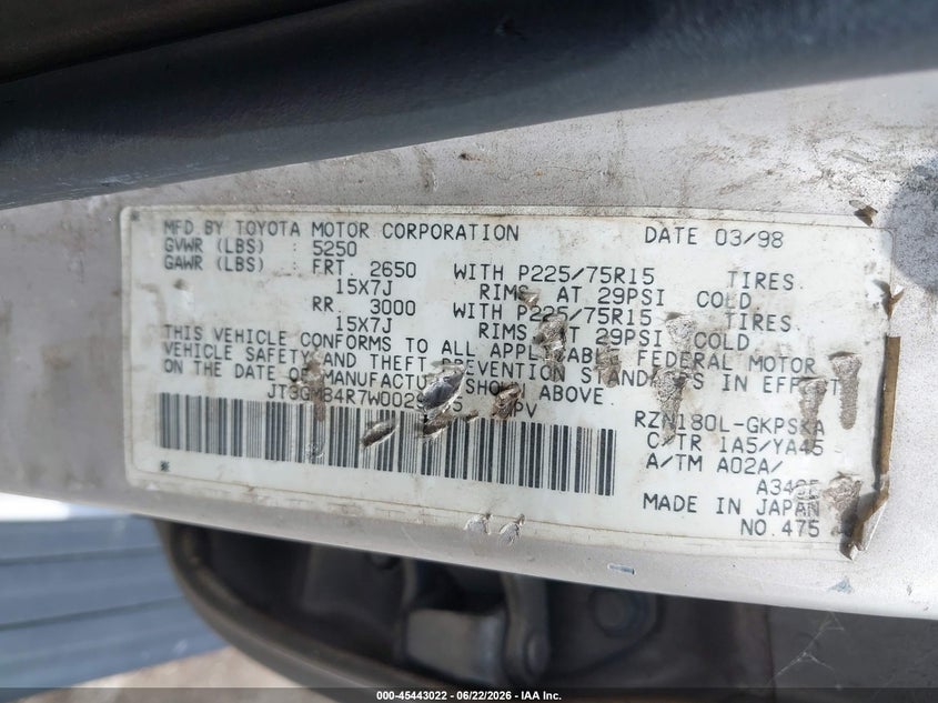 1998 Toyota 4runner VIN JT3GM84R7W0029485 IAAI salvage auction — FRONT END, Rebuildable (Florida), sold $600 on 2026-07-08 (photo 9)