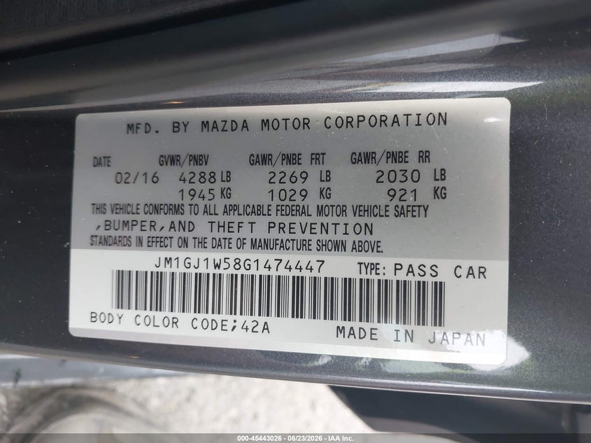 2016 Mazda 6 VIN JM1GJ1W58G1474447 IAAI salvage auction — LEFT SIDE, Salvage Title, sold $950 on 2026-07-29 (photo 9)