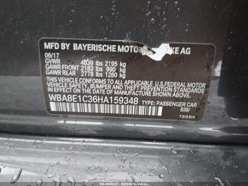 2017 BMW 3er VIN WBA8E1C36HA159348 IAAI salvage auction — LEFT FRONT, Salvage Title, sold $3,850 on 2026-08-02 (photo 9)