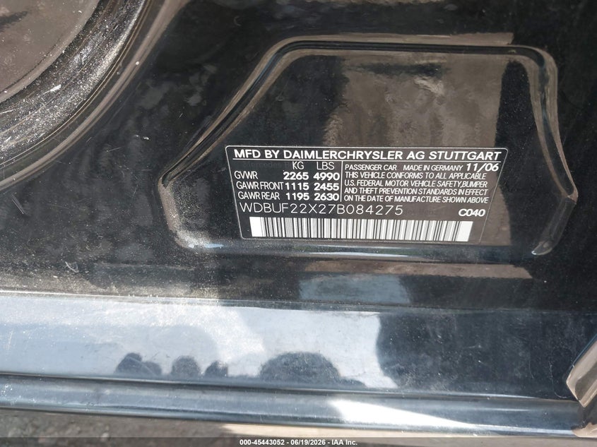 2007 Mercedes-benz VIN WDBUF22X27B084275 IAAI salvage auction — REAR END, Clear (Virginia), sold $650 on 2026-07-17 (photo 9)