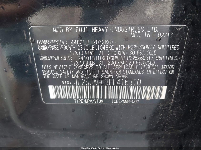 2014 Subaru Forester VIN JF2SJAGC3EH416310 IAAI salvage auction — FRONT & REAR, Certificate Of Title (Nebraska), sold $550 on 2026-07-30 (photo 9)