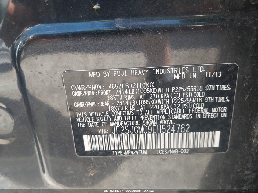 2014 Subaru Forester VIN JF2SJGMC9EH524762 IAAI salvage auction — FRONT END, Salvage (Ohio), sold $475 on 2026-07-14 (photo 9)