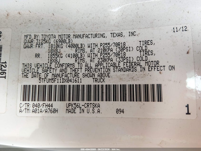 2013 Toyota Tundra VIN 5TFUM5F11DX041611 IAAI salvage auction — NORMAL WEAR, Clear (Pennsylvania), sold $3,650 on 2026-07-17 (photo 9)
