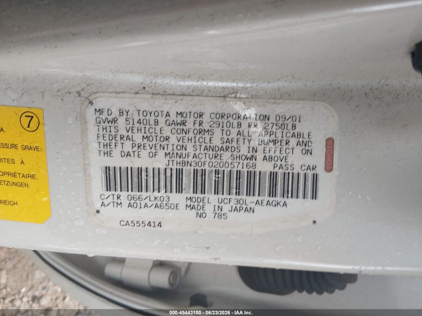 2002 Lexus Ls 430 VIN JTHBN30F020057168 IAAI salvage auction — LEFT REAR, Salvage - Greater Than 75% (Maryland), sold $500 on 2026-07-09 (photo 9)