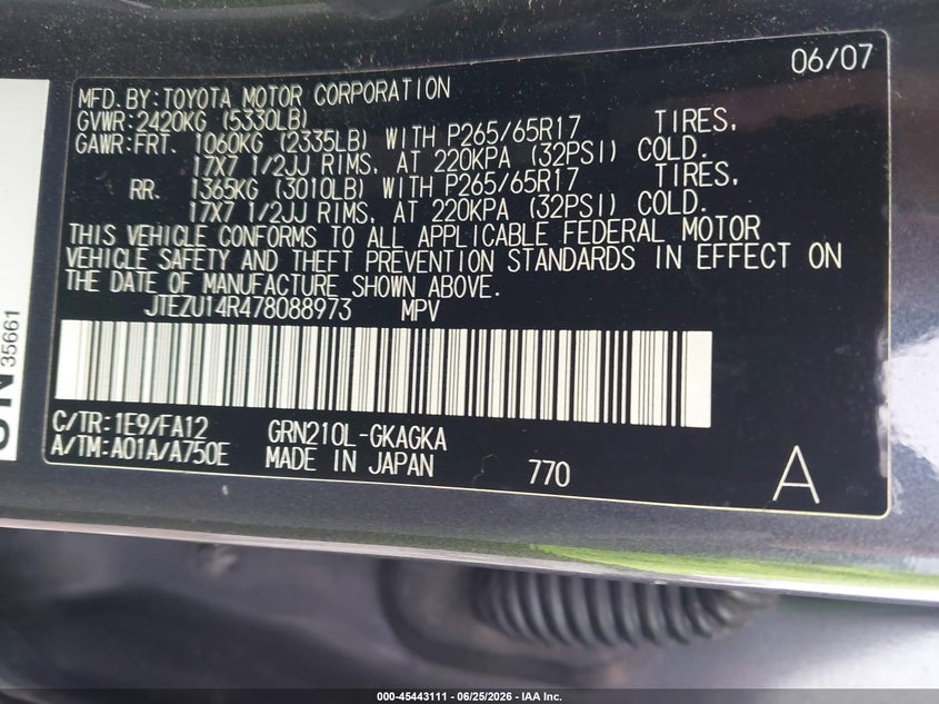 2007 Toyota 4runner VIN JTEZU14R478088973 IAAI salvage auction — FRONT END, Salvage (Oklahoma), sold $2,750 on 2026-07-15 (photo 9)