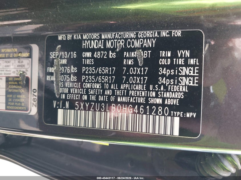 2017 Hyundai Santa fe VIN 5XYZU3LB0HG461280 IAAI salvage auction — FRONT END, Salvage (Louisiana), sold $3,000 on 2026-08-02 (photo 9)
