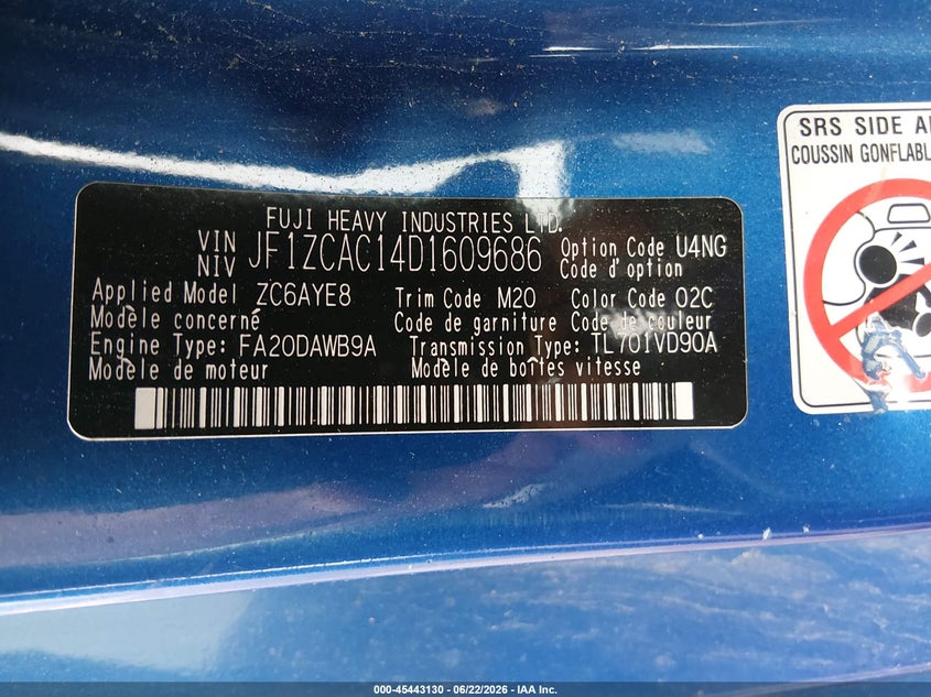 2013 Subaru Brz VIN JF1ZCAC14D1609686 IAAI salvage auction — FRONT END, Wait Title, sold $2,800 on 2026-08-01 (photo 9)
