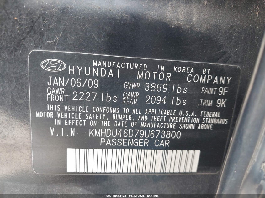 2009 Hyundai Elantra VIN KMHDU46D79U673800 IAAI salvage auction — LEFT & RIGHT, Salvage (Texas), sold $600 on 2026-07-15 (photo 9)