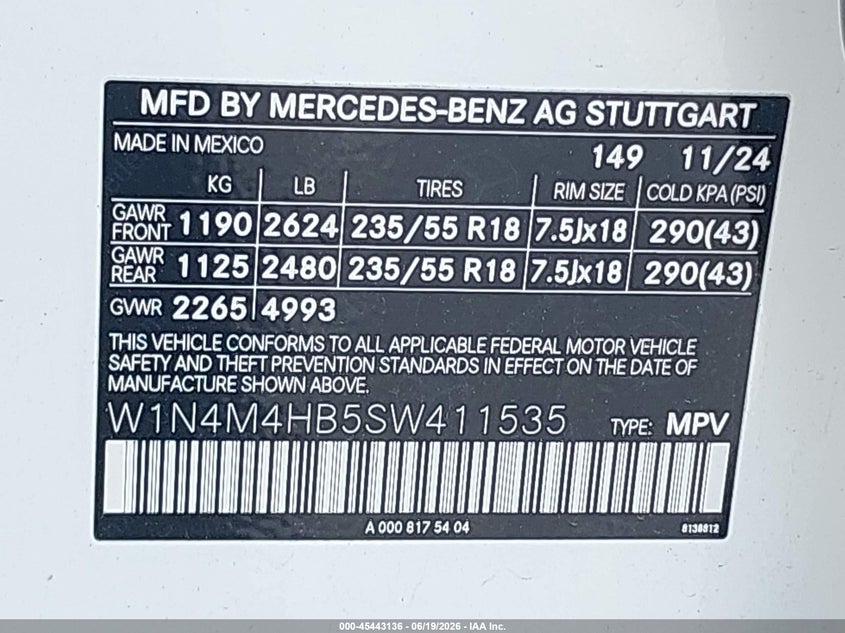 2025 Mercedes-benz Glb VIN W1N4M4HB5SW411535 IAAI salvage auction — ALL OVER, Certificate Of Destruction (Florida), sold $10,300 on 2026-07-30 (photo 9)