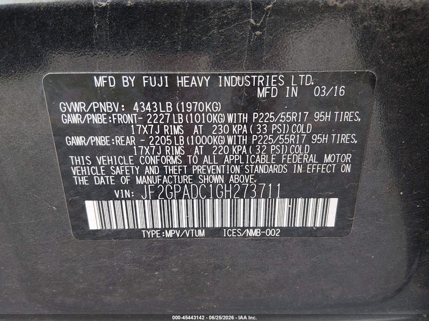 2016 Subaru Xv VIN JF2GPADC1GH273711 IAAI salvage auction — FRONT END, Salvage Title, sold $225 on 2026-10-10 (photo 9)