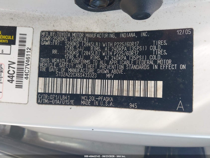 2006 Toyota Sienna VIN 5TDZA22CX6S433323 IAAI salvage auction — NORMAL WEAR, Clear (South Carolina), sold $950 on 2026-07-07 (photo 9)