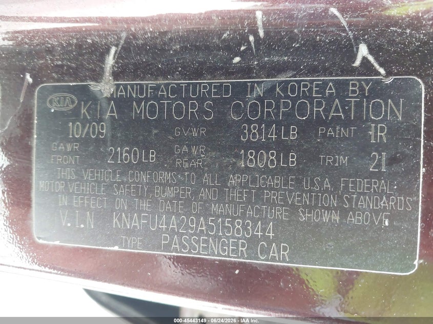 2010 Kia Forte VIN KNAFU4A29A5158344 IAAI salvage auction — NORMAL WEAR, Clear (Tennessee), sold $225 on 2026-07-15 (photo 9)