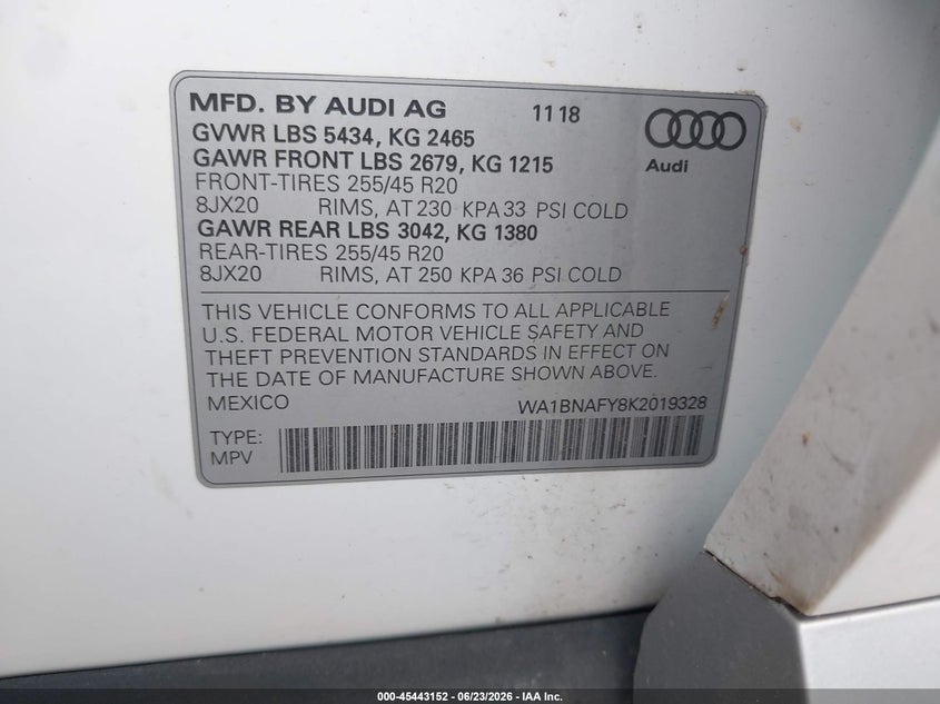 2019 Audi Q5 VIN WA1BNAFY8K2019328 IAAI salvage auction — REAR END, Salvage - Greater Than 75% (Maryland), sold $10,850 on 2026-07-22 (photo 9)