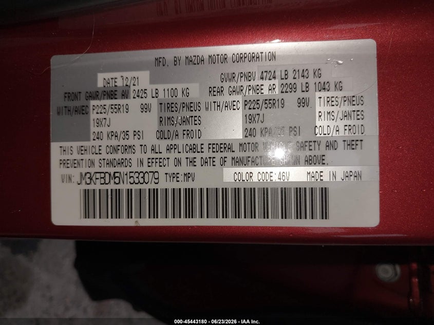 2022 Mazda Cx-5 VIN JM3KFBDM5N1533079 IAAI salvage auction — RIGHT REAR, Salvage Title, sold $14,175 on 2026-07-14 (photo 9)
