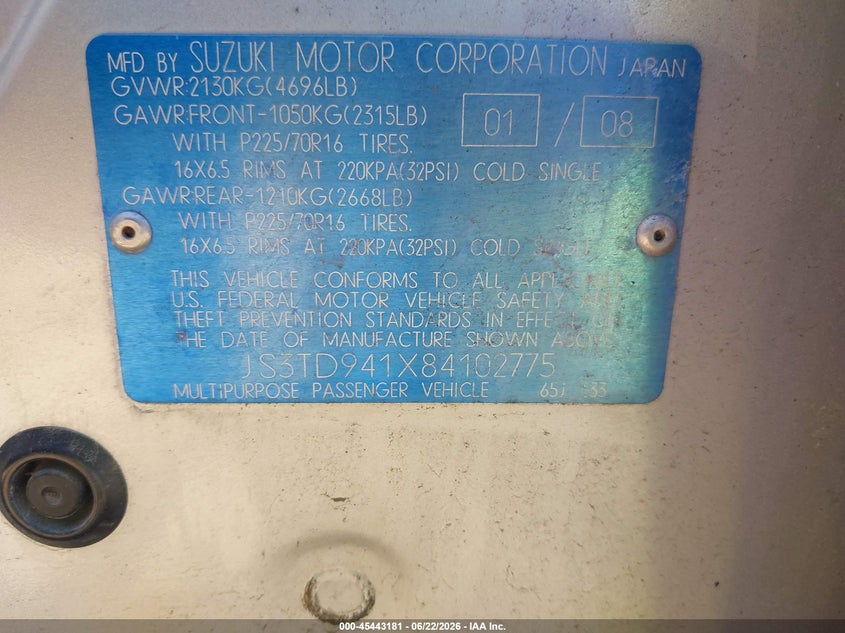 2008 Suzuki Grand vitara VIN JS3TD941X84102775 IAAI salvage auction — FRONT END, Bill Of Sale (Washington), sold $375 on 2026-07-07 (photo 9)