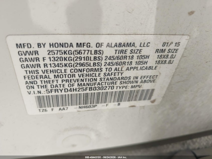 2015 Acura Mdx VIN 5FRYD4H25FB030270 IAAI salvage auction — NORMAL WEAR, Clear (Idaho), sold $650 on 2026-07-09 (photo 9)