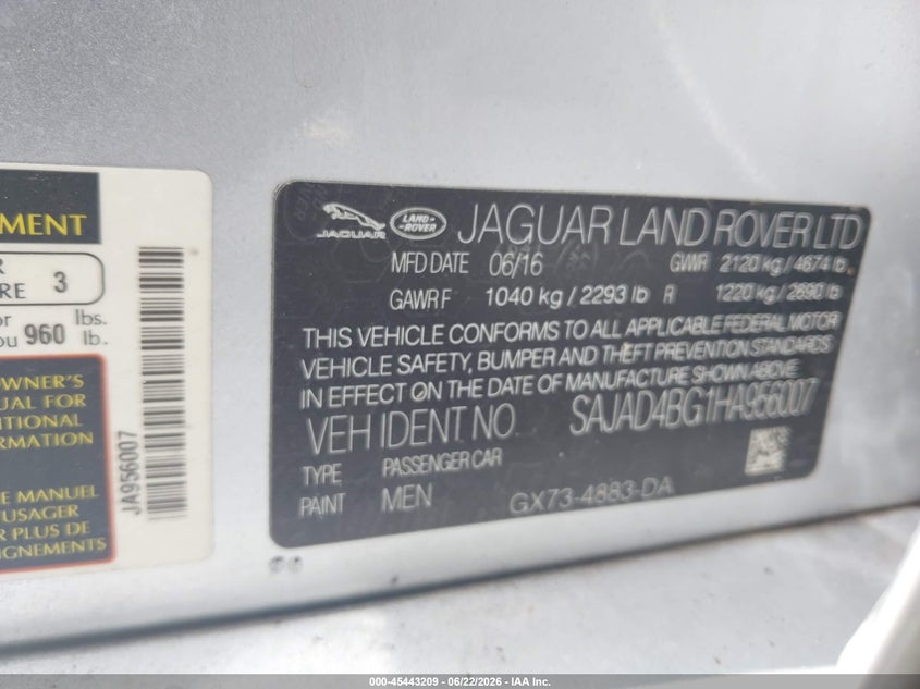 2017 Jaguar Xe VIN SAJAD4BG1HA956007 IAAI salvage auction — ENGINE BURN, Rebuildable (Florida), sold $375 on 2026-07-16 (photo 9)