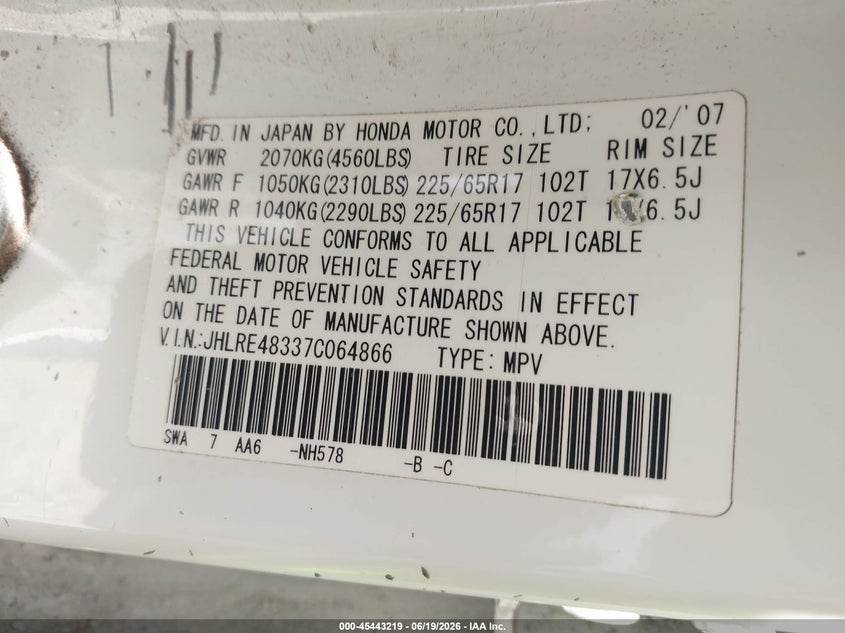 2007 Honda Cr-v VIN JHLRE48337C064866 IAAI salvage auction — NORMAL WEAR, Clear (New Jersey), sold $1,200 on 2026-07-21 (photo 9)
