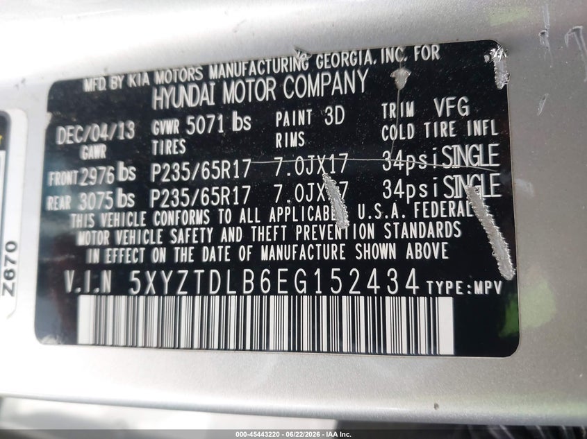 2014 Hyundai Santa fe VIN 5XYZTDLB6EG152434 IAAI salvage auction — REAR END, Salvage (Georgia), sold $875 on 2026-07-29 (photo 9)