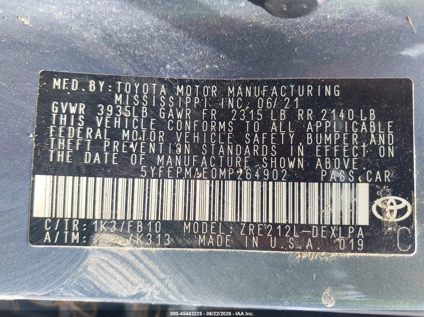 2021 Toyota Corolla VIN 5YFEPMAE0MP264902 IAAI salvage auction — LEFT SIDE, Salvage (Louisiana), sold $5,750 on 2026-07-24 (photo 9)