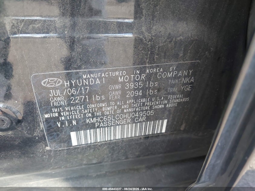 2017 Hyundai Ioniq VIN KMHC65LC0HU049505 IAAI salvage auction — LEFT FRONT, Salvage Title, sold $850 on 2026-07-10 (photo 9)