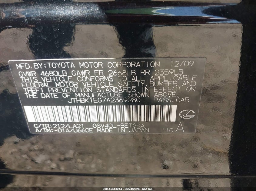2010 Lexus Es 350 VIN JTHBK1EG7A2369280 IAAI salvage auction — REAR END, Salvage (Alabama), sold $575 on 2026-07-28 (photo 9)