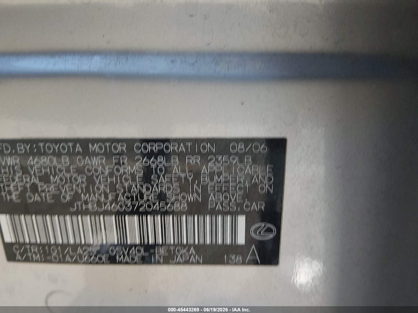 2007 Lexus Es 350 VIN JTHBJ46G372045688 IAAI salvage auction — NORMAL WEAR, Regular (Nevada), sold $925 on 2026-07-10 (photo 9)
