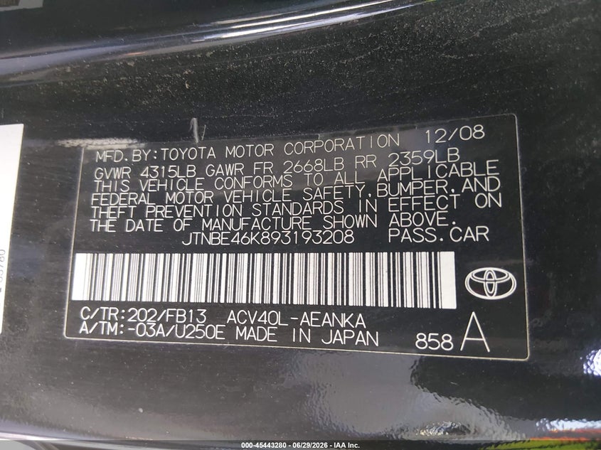 2009 Toyota Camry VIN JTNBE46K893193208 IAAI salvage auction — NORMAL WEAR, Salvage Title - Dealer (California), sold $950 on 2026-07-28 (photo 9)