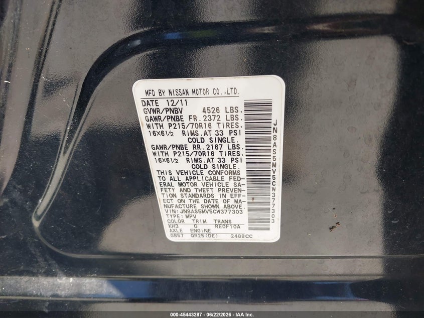 2012 Nissan Rogue VIN JN8AS5MV5CW377303 IAAI salvage auction — NORMAL WEAR, Clear (Florida), sold $475 on 2026-07-21 (photo 9)