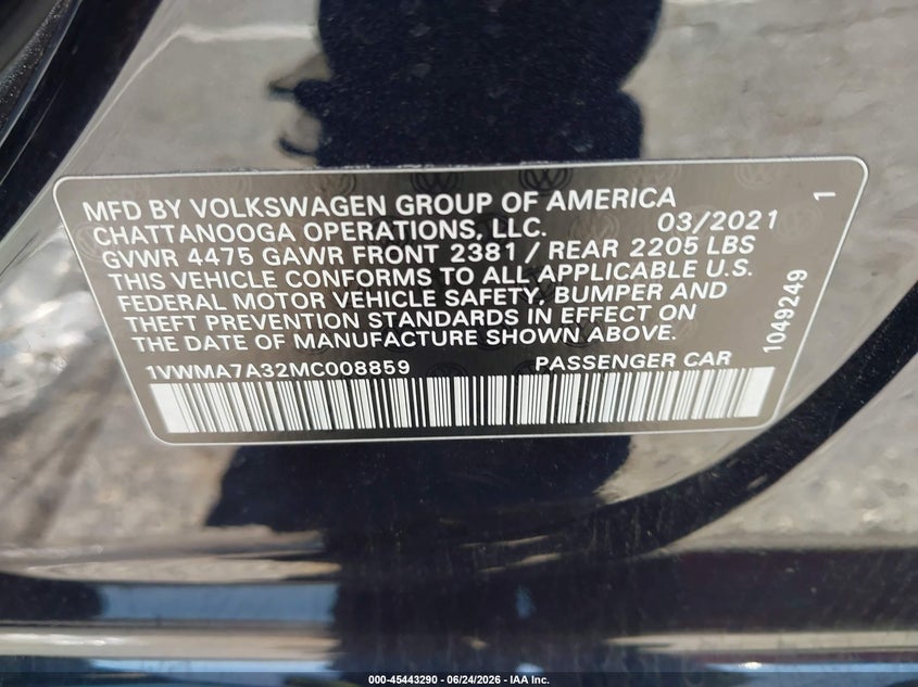 2021 Volkswagen Passat VIN 1VWMA7A32MC008859 IAAI salvage auction — FRONT END, Salvage Title, sold $1,700 on 2026-07-22 (photo 9)