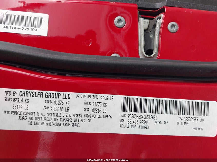 2013 Dodge Charger VIN 2C3CDXBG4DH512631 IAAI salvage auction — FRONT END, Salvage Title, sold $1,500 on 2026-09-09 (photo 9)