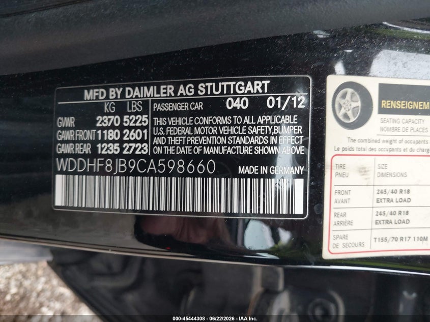 2012 Mercedes-benz VIN WDDHF8JB9CA598660 IAAI salvage auction — FRONT END, Salvage Title, sold $1,300 on 2026-08-12 (photo 9)