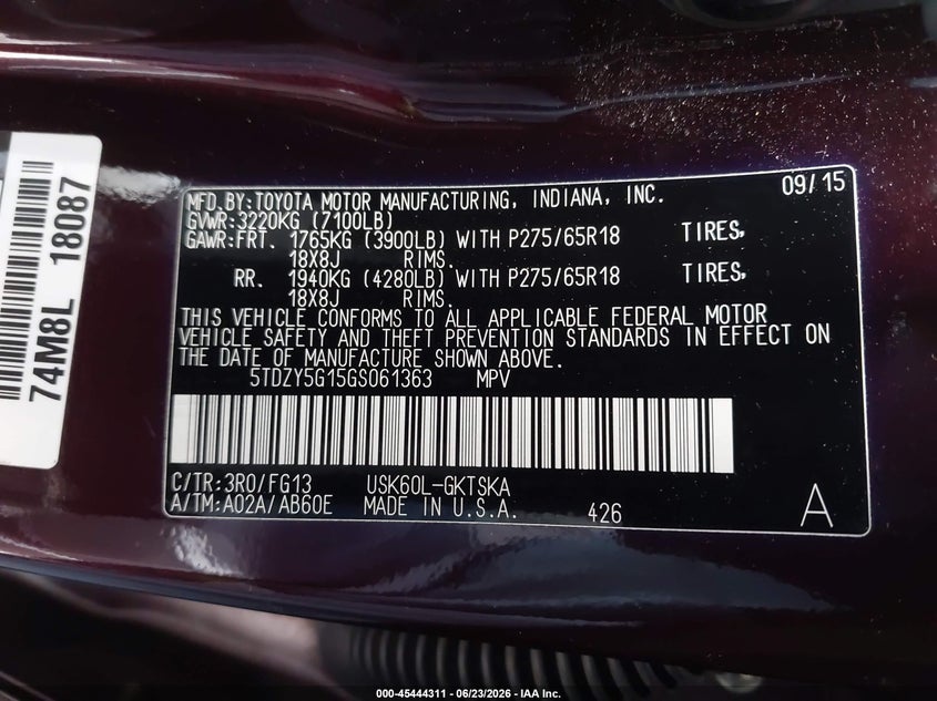 2016 Toyota Sequoia VIN 5TDZY5G15GS061363 IAAI salvage auction — LEFT FRONT, Salvage (California), sold $25 on 2026-07-11 (photo 9)