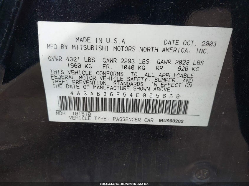 2004 Mitsubishi Galant VIN 4A3AB36F54E055660 IAAI salvage auction — FRONT END, Salvage (Alabama), sold $225 on 2026-07-08 (photo 9)