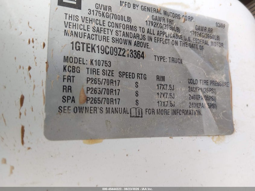 2009 Gmc SIERRA VIN 1GTEK19C09Z213364 IAAI salvage auction — FRONT END, Clear (Oklahoma), sold $900 on 2026-08-19 (photo 9)
