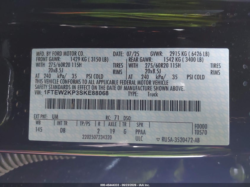 2025 Ford F-150 VIN 1FTEW2KP3SKE88068 IAAI salvage auction — RIGHT FRONT, Salvage Title, sold $7,800 on 2026-08-01 (photo 9)