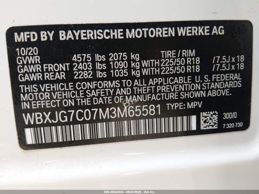 2021 BMW X1 VIN WBXJG7C07M3M65581 IAAI salvage auction — FRONT END, Original (Texas), sold $5,800 on 2026-08-01 (photo 9)