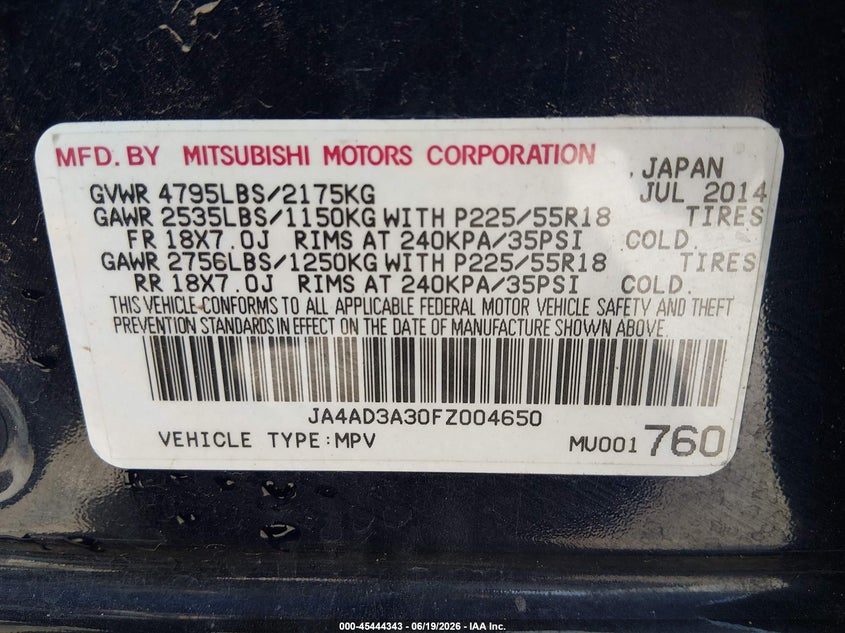 2015 Mitsubishi Outlander VIN JA4AD3A30FZ004650 IAAI salvage auction — NORMAL WEAR, Clear (New Mexico), sold $725 on 2026-07-20 (photo 9)