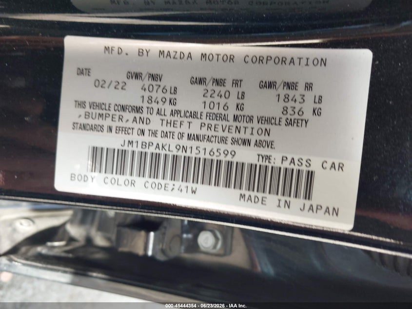 2022 Mazda 3 VIN JM1BPAKL9N1516599 IAAI salvage auction — FRONT END, Salvage Title, sold $1,300 on 2026-07-31 (photo 9)