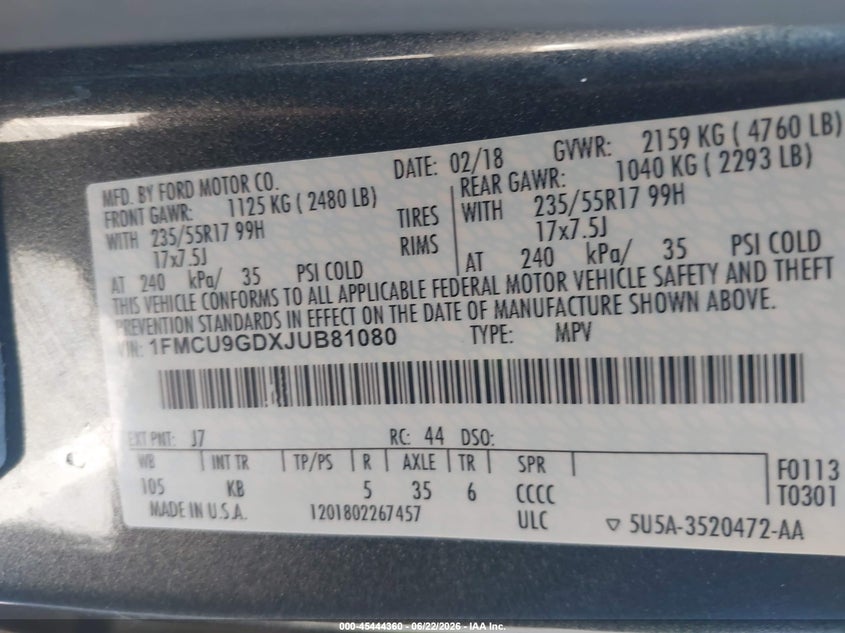 2018 Ford Escape VIN 1FMCU9GDXJUB81080 IAAI salvage auction — NORMAL WEAR, Clear (Utah), sold $2,100 on 2026-07-09 (photo 9)