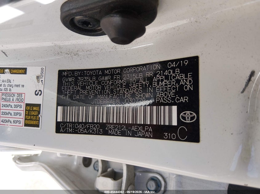 2020 Toyota Corolla VIN JTDEPRAE8LJ030779 IAAI salvage auction — FRONT & REAR, Clear (Colorado), sold $4,975 on 2026-07-28 (photo 9)